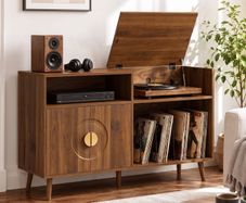 Record Player Stand Vinyl Record Holder with Storage Holds Up to 300 Albums with Flip-Top Compartment