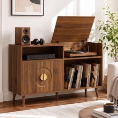 Record Player Stand Vinyl Record Holder with Storage Holds Up to 300 Albums with Flip-Top Compartment