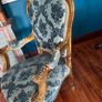 Beautiful Antique French Louis XV Style Gilt Armchair - Ornate Carved Blue Damask Image 4