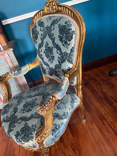 Beautiful Antique French Louis XV Style Gilt Armchair - Ornate Carved Blue Damask