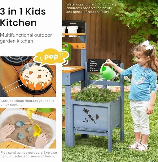 Mud Kitchen for Kids,Outdoor Play Kitchen with Planter Box Removable Mud Kitchen Accessories Include Sink Sand Shovels Gardening Tools Set Outdoor Mud Kitchen for Kids Boys Girls 3-8 Years Old