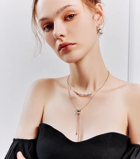 Sumiyaki Pearl and Diamante Double Necklace
