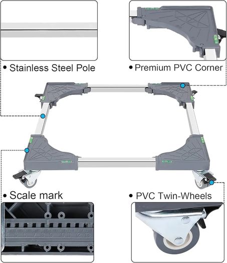 Adjustable Appliance Dolly Cart with 4 Locking Wheels, Small Furniture Mover Mobile Base Adjustable form 16 to 24-3/8 for Washing Machine, Dryer, Refrigerator, Max Weight 400 LBS