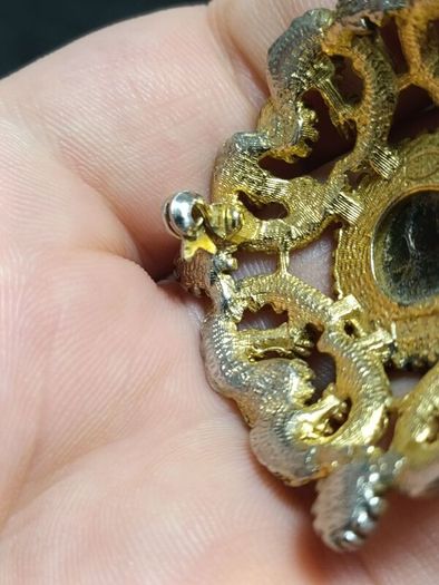 SPHINX Vintage Large Rhombus Openwork Brooch Gold plated with Agate Glass Cabochons Signed Numbered