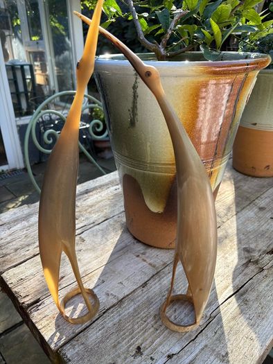 MID CENTURYPAIR OF CRANES hand carved Buffalo / cow horn