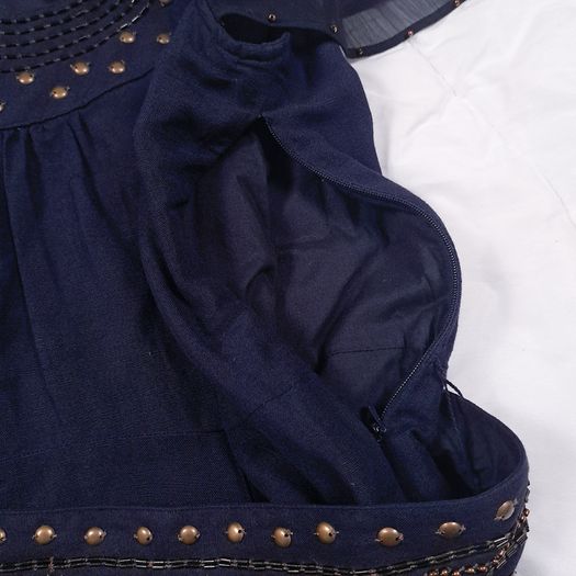 Per Una Navy Blue Linen Embellished Scoop Neck Chiffon Flutter Sleeve Midi Dress 14UK/42EU