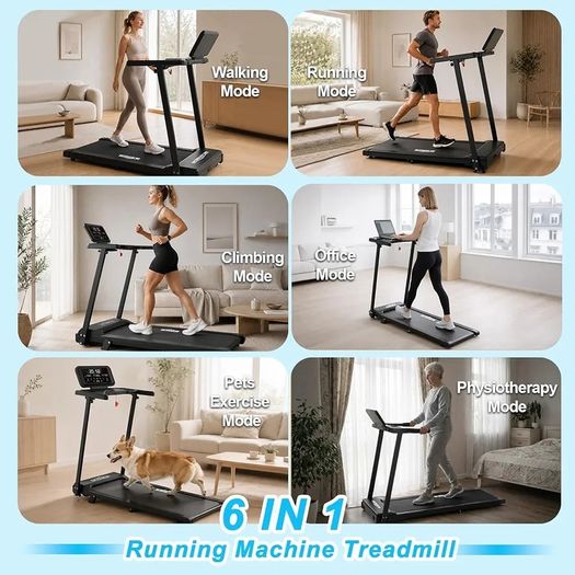 6 in 1 Treadmill with 3 percent to15 percent Incline, Under Desk Walking Pad, 1 12 km h HP Motor 8 Point Shock Absorption, 15 cm Adjustable Handlebar, LED Display, Remote Control, 130 kg Max