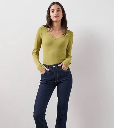 THE VERY COLLECTION Lace Trim Long Sleeve Rib Top Green Size 10!