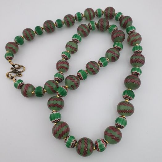 Antique Venetian Style Stripe & Chevron Glass Beads Necklace