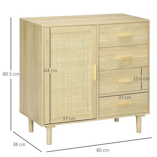 Rattan sideboard with caned-door cabinets and 4 drawers, 80 x 38 x 80.5 cm, natural wood effect