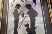 Antique Silhouette Glass Painting of 2 boys , dog and Tree in Frame