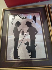 Antique Silhouette Glass Painting of 2 boys , dog and Tree in Frame