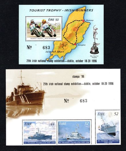 1996 Ireland Stampa Members (Matching pair No. 683) Naval Services Commemorative Stamp Booklet Pane & Tourist Trophy Racing Commemorative Stamp Miniature Sheet Overprinted for Stampa Mint Never Hinged (MNH)