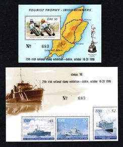 1996 Ireland Stampa Members (Matching pair No. 683) Naval Services Commemorative Stamp Booklet Pane & Tourist Trophy Racing Commemorative Stamp Miniature Sheet Overprinted for Stampa Mint Never Hinged (MNH)