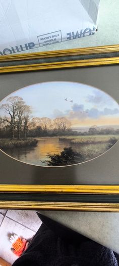 VINTAGE Framed landscape print featuring an oval matte aperture with a golden sunset or sunrise over a river, bare trees, and two birds flying in the sky.