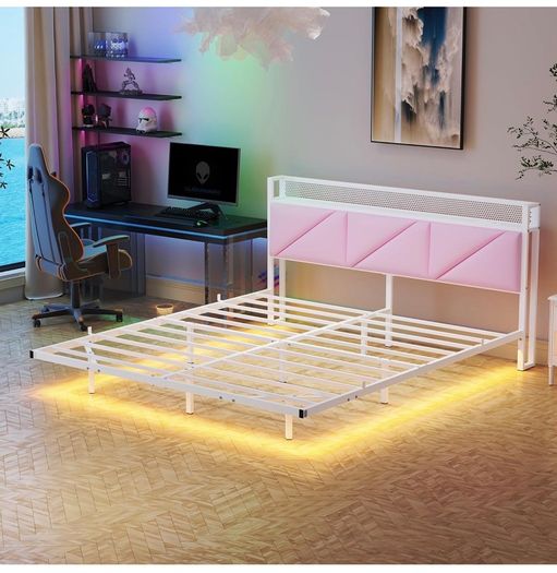 King Size Bed Frame 150x200cm, Floating Upholstered Platform Bed with LED Lights & USB Charging, 5ft Heavy Duty Metal Bed Frame with Headboard Storage, Noise-Free, No Box Spring Needed, Pink
