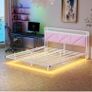 King Size Bed Frame 150x200cm, Floating Upholstered Platform Bed with LED Lights & USB Charging, 5ft Heavy Duty Metal Bed Frame with Headboard Storage, Noise-Free, No Box Spring Needed, Pink Image 2