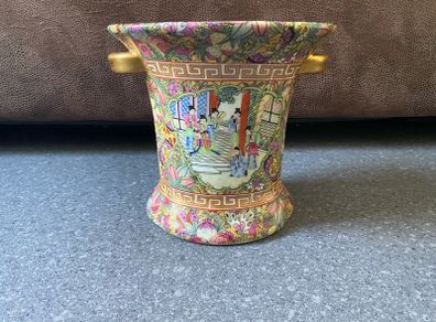 Vintage Chinese Floral Ornamental Porcelain Vase With Gold Handles