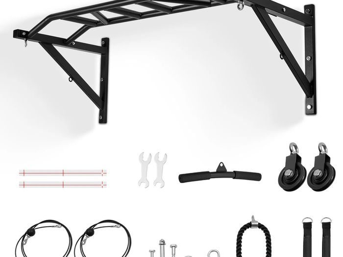Pull Up Bar, Multi-Grip Wall Mounted Pull Ups, 50 in Width Multifunctional Chin Up Training Station, Heavy Duty Steel Upper Body Workout Bars with LAT Pulldown Attachments, 440 lbs, for Home Gym