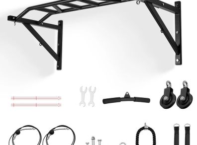 Pull Up Bar, Multi-Grip Wall Mounted Pull Ups, 50 in Width Multifunctional Chin Up Training Station, Heavy Duty Steel Upper Body Workout Bars with LAT Pulldown Attachments, 440 lbs, for Home Gym