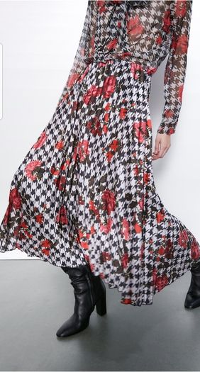 Zara Multicoloured Houndstooth & Floral Print Pleated Flowing Midi Skirt  Xs