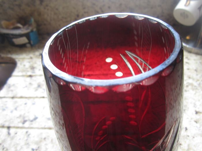 Ruby red cut glass 10 inch vase