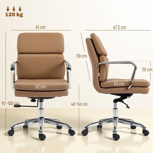 Office Chair, Desk Chair, Adjustable Height, High Back, 360 Swivel, 61x67.5x100cm Brown