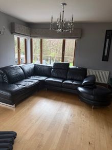 Corner leather sofa, footstool and arm chair