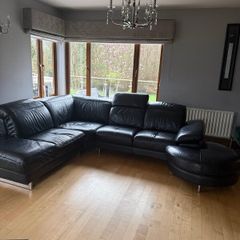 Corner leather sofa, footstool and arm chair