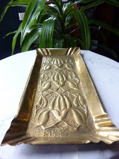 Original Art Nouveau Brass Dressing Table Pieces. Photo Frame and Repousse Tray
