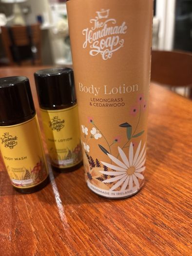 Brand new The Handmade Company- Lemongrass and Cedarwood Body Lotion and 2 Free Travel size Body Wash and Body Lotion