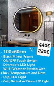 LED Bathroom Mirror 100x60cm Wi Fi Weather Station Clock Temperature Bright Light Makeup Cosmetic Vanity Dual LED