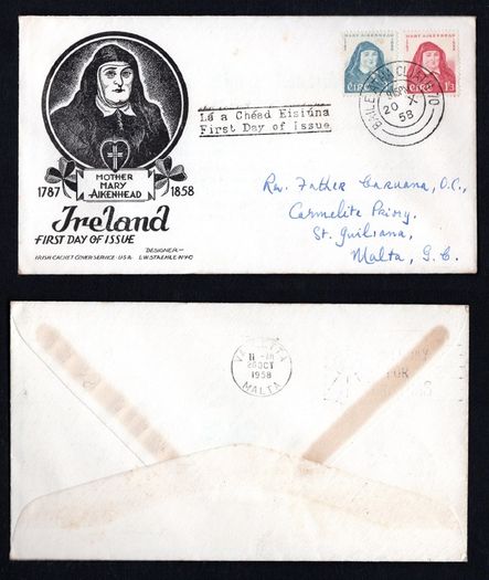 1958 Ireland Centenary of the Death of Mother Mary Aikenhead (Foundress of the Irish Sister of Charity) Commemorative Stamps Illustrated Staehle First Day Cover (FDC) with Baile Atha Cliath (Dublin) cancel with interesting Valetta, Malta of 26/10/58 on th