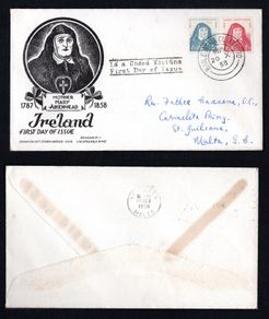 1958 Ireland Centenary of the Death of Mother Mary Aikenhead (Foundress of the Irish Sister of Charity) Commemorative Stamps Illustrated Staehle First Day Cover (FDC) with Baile Atha Cliath (Dublin) cancel with interesting Valetta, Malta of 26/10/58 on th