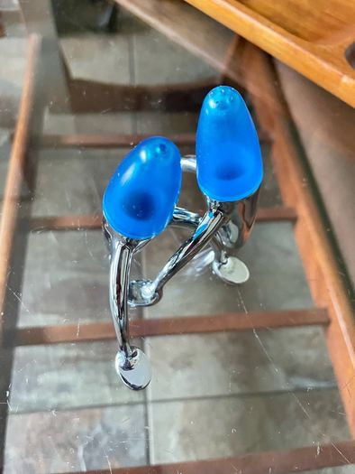 Vintage EZ ECH Centaur Salt Pepper Shakers Polished Stainless Steel Blue Space Age Design 1990s