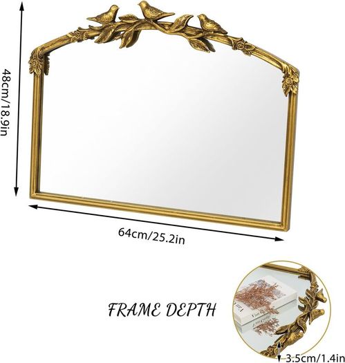 Antique Gold Baroque Mirror 64X48Hcm - Vintage Cast Iron Frame with Hand-Carved Resin Florals, Shatterproof