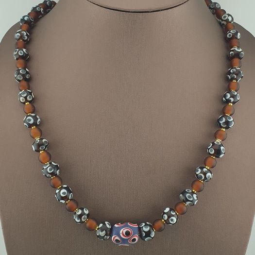 Antique Venetian African Style Skunk Eyes & Brown Glass Beads Necklace