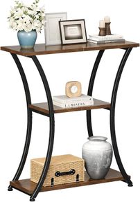 Narrow Console Table with 3 Tiers, Slim Hallway Table with Curved Metal Frame and Open Shelves, Entryway or Sofa Table for Living Room and Foyer (Rustic Brown)