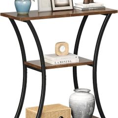 Narrow Console Table with 3 Tiers, Slim Hallway Table with Curved Metal Frame and Open Shelves, Entryway or Sofa Table for Living Room and Foyer (Rustic Brown)