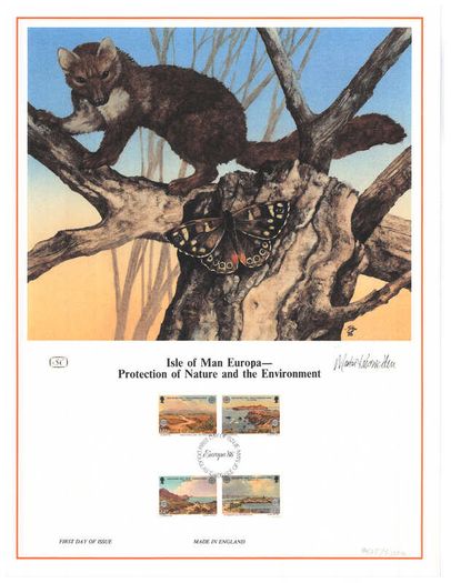 1986 Isle of Man Limited Edition Lithographed Print measuring 333mm X 257mm showing Europa Nature and Environment Protection Commemorative stamps with First Day of Issue Cancel