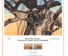 1986 Isle of Man Limited Edition Lithographed Print measuring 333mm X 257mm showing Europa Nature and Environment Protection Commemorative stamps with First Day of Issue Cancel