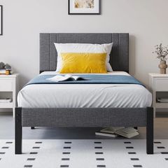 Metal Single Bed Frame with Storage and Shelf Headboard, 3ft Upholstered Metal Single Bed Frame with Slats Enhanced Support, No Box Spring Needed, Noise Free,Easy Assembly,Dark Gray bed frames
