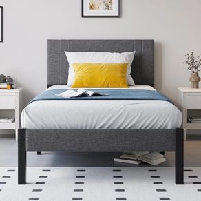 Metal Single Bed Frame with Storage and Shelf Headboard, 3ft Upholstered Metal Single Bed Frame with Slats Enhanced Support, No Box Spring Needed, Noise Free,Easy Assembly,Dark Gray bed frames