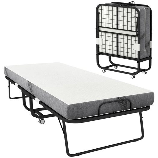 Folding single bed 200 x 80 cm with mattress, portable folding guest bed on casters, steel frame, white