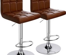 NEW SALE | Bar Stools (2/Set) Adjustable Bar Chairs Breakfast Dining Stools for Kitchen Island Counter PU Leather Double Stitching Square Back with decoration