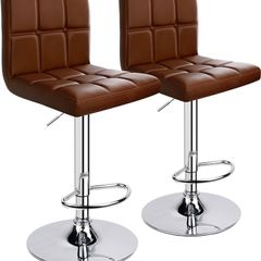 NEW SALE | Bar Stools (2/Set) Adjustable Bar Chairs Breakfast Dining Stools for Kitchen Island Counter PU Leather Double Stitching Square Back with decoration
