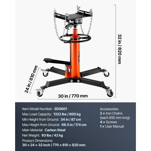 Jack, 600 kg Hydraulic Telescoping Transmission Jack, 81 -170 cm High Lift Floor Jack Stand with Foot Pedal
