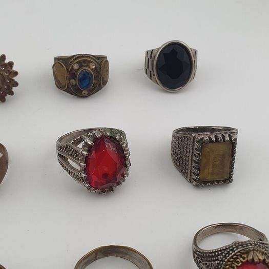 15 Antique Style Brass Rings Mixed Stone & Colourful Glass Accents