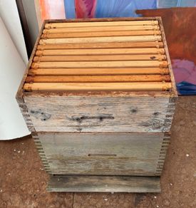 A commercial wooden bee hive