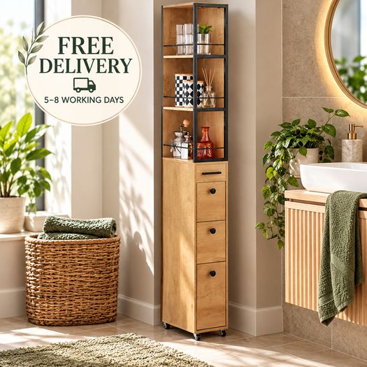 Slim Storage Cabinet with 3 Drawers and Wheels  20cm Narrow Kitchen & Bathroom Storage Unit